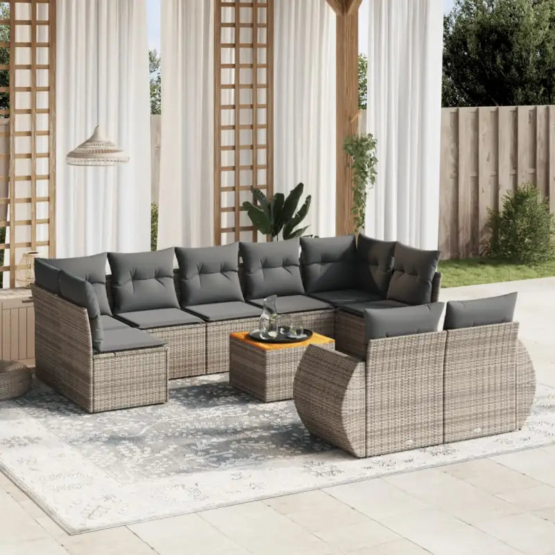 Loungebank voor tuin met beige materiaal en gepoedercoat staal - Grijs / Tafel + 5x midden + 2x hoek - Tuinsets