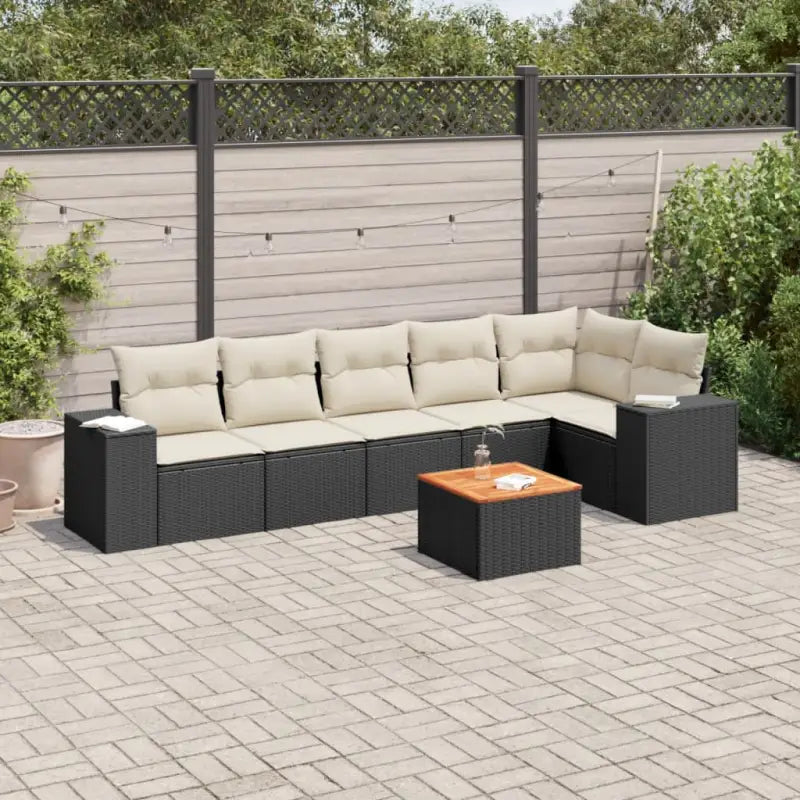 Loungebank voor tuin met zwart materiaal en gepoedercoat staal - Zwart en crème / Tafel + hoek + 3x midden - Tuinsets