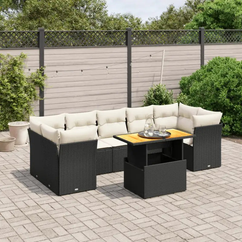 Loungebank voor tuin of terras met zwart materiaal en gepoedercoat staal - Zwart en crème / 3x midden + 4x hoek + Tafel