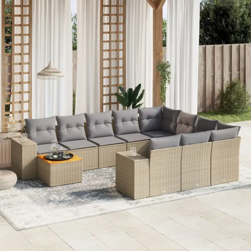 Loungebank voor tuin of terras met zwart materiaal en gepoedercoat staal - beige en lichtgrijs / Tafel + 2x hoek + 6x