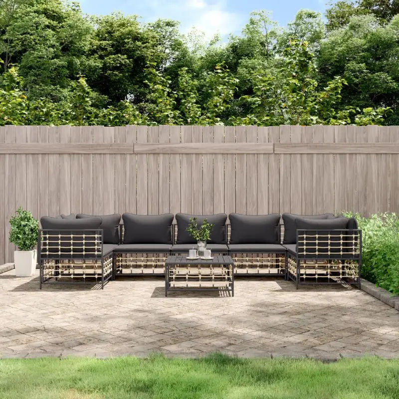 Loungebanken in poly rattan en antraciet materiaal voor buitengebruik - 1 / Donkergrijs / 4x hoek + 3x midden + Tafel