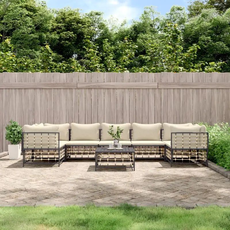 Loungebanken in poly rattan en antraciet materiaal voor buitengebruik - 1 / Beige / 4x hoek + 3x midden + Tafel