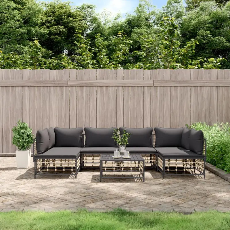 Loungebanken in poly rattan en antraciet materiaal voor buitengebruik - 1 / Donkergrijs / 2x hoek + 4x midden + Tafel