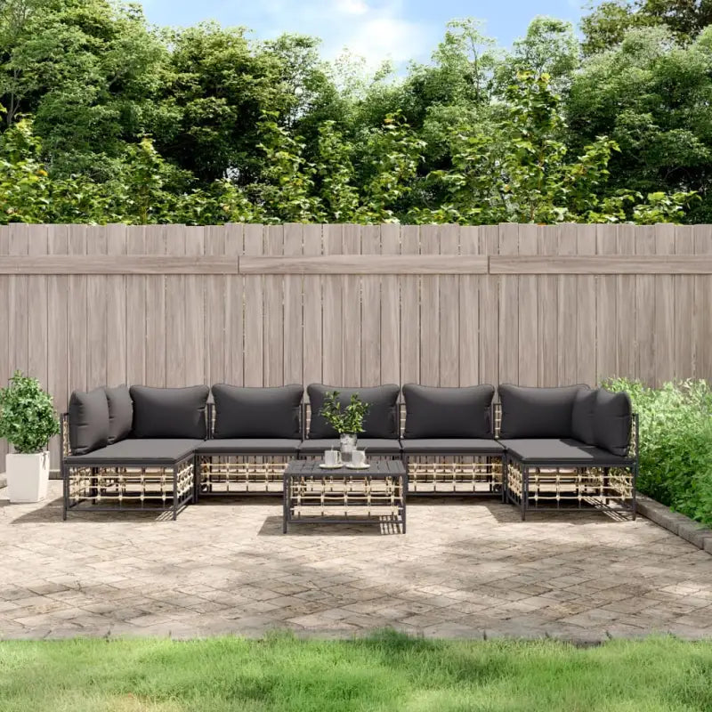 Loungebanken in poly rattan en antraciet materiaal voor buitengebruik - 1 / Donkergrijs / 2x hoek + 5x midden + Tafel