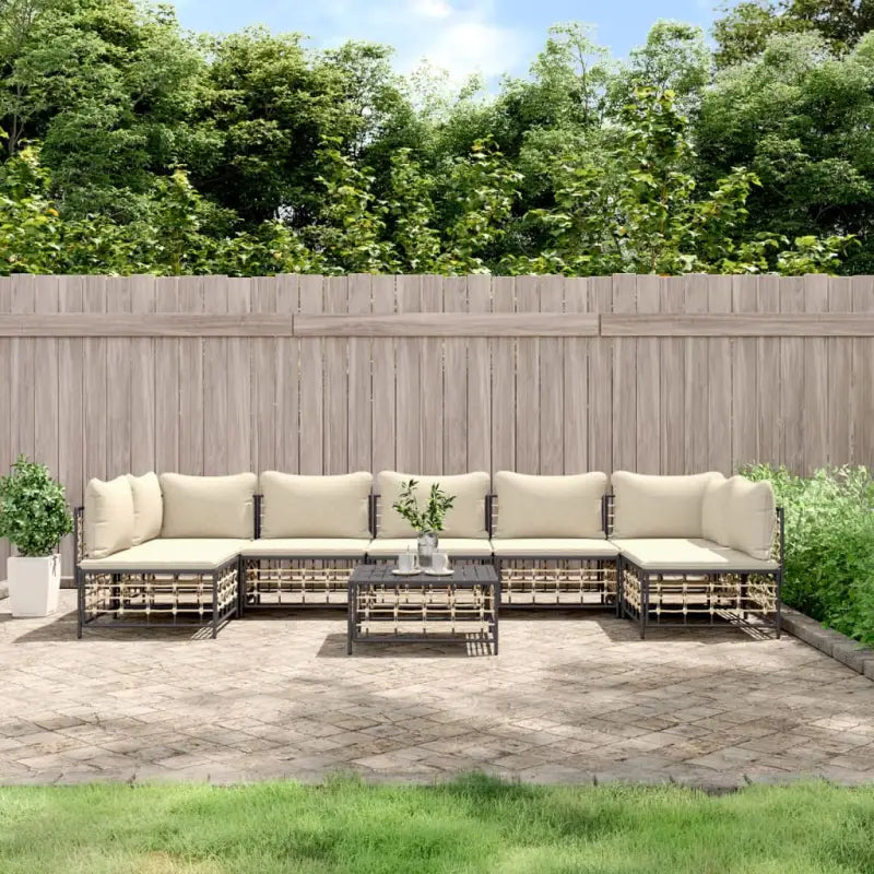Loungebanken in poly rattan en antraciet materiaal voor buitengebruik - 1 / Beige / 2x hoek + 5x midden + Tafel