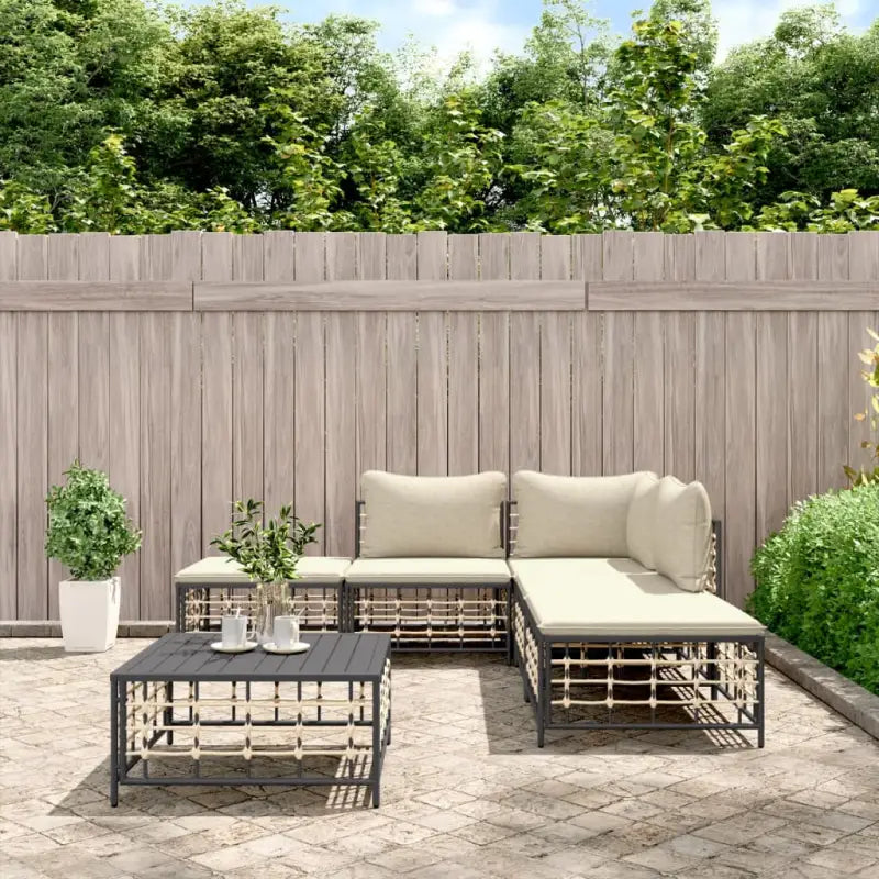 Loungebanken in poly rattan met antraciet materiaal en gepoedercoat staal - 1 / Beige / hoek + 2x midden + 2x