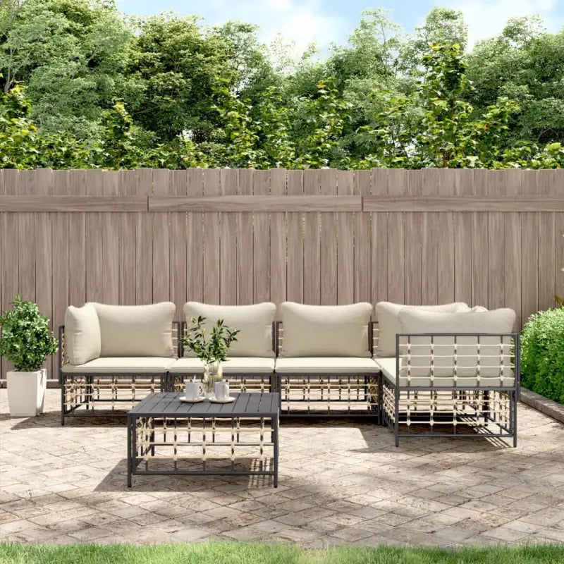 Loungebanken in poly rattan met antraciet materiaal en gepoedercoat staal - 1 / Beige / 3x hoek + 2x midden + Tafel