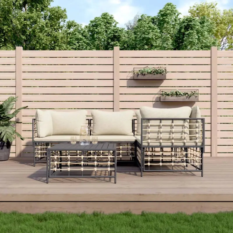 Loungebanken in poly rattan met antraciet materiaal en gepoedercoat staal - 1 / Beige / 3x hoek + midden + Tafel