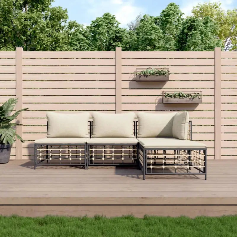 Loungebanken in poly rattan met antraciet materiaal en gepoedercoat staal - 1 / Beige / hoek + 2x midden + voetensteun