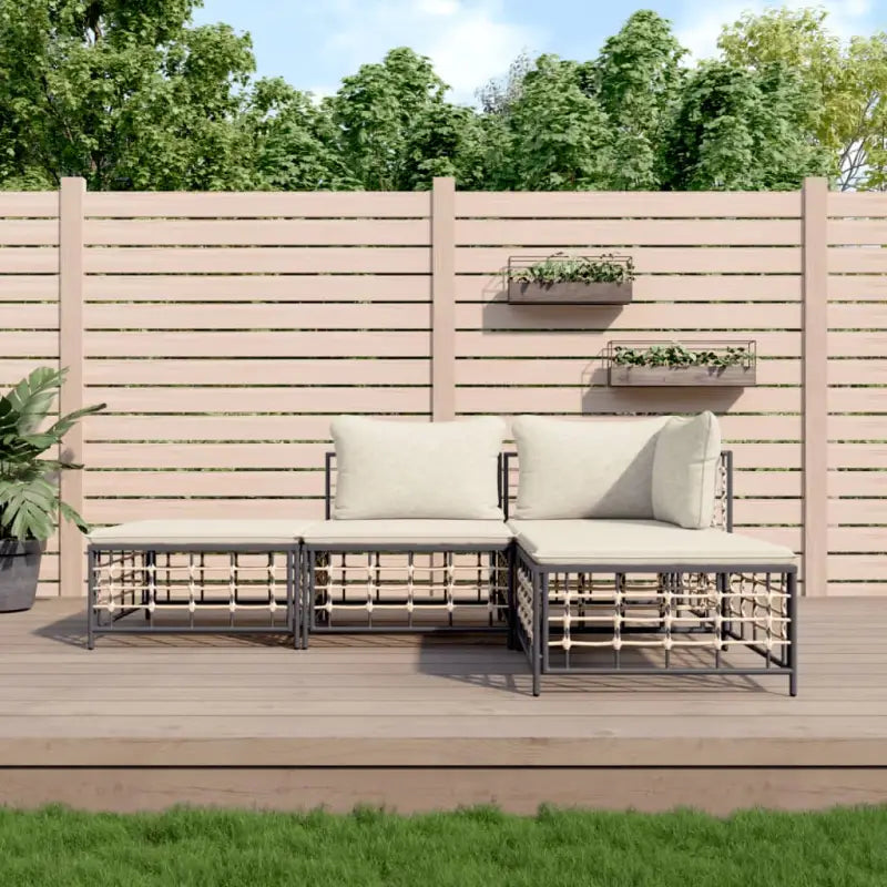 Loungebanken in poly rattan met antraciet materiaal en gepoedercoat staal - 1 / Beige / hoek + midden + 2x voetensteun
