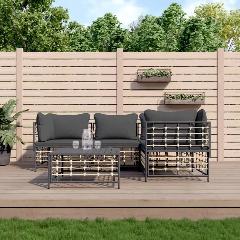 Loungebanken in poly rattan met antraciet materiaal en gepoedercoat staal - 1 / Donkergrijs / 3x hoek + midden + Tafel