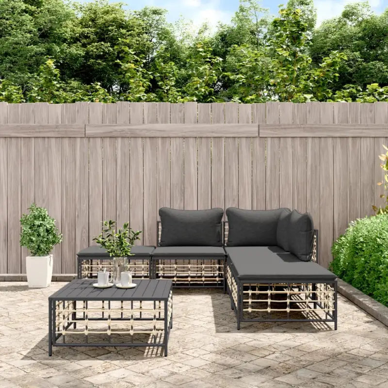 Loungebanken in poly rattan met antraciet materiaal en gepoedercoat staal - 1 / Donkergrijs / hoek + 2x midden + 2x