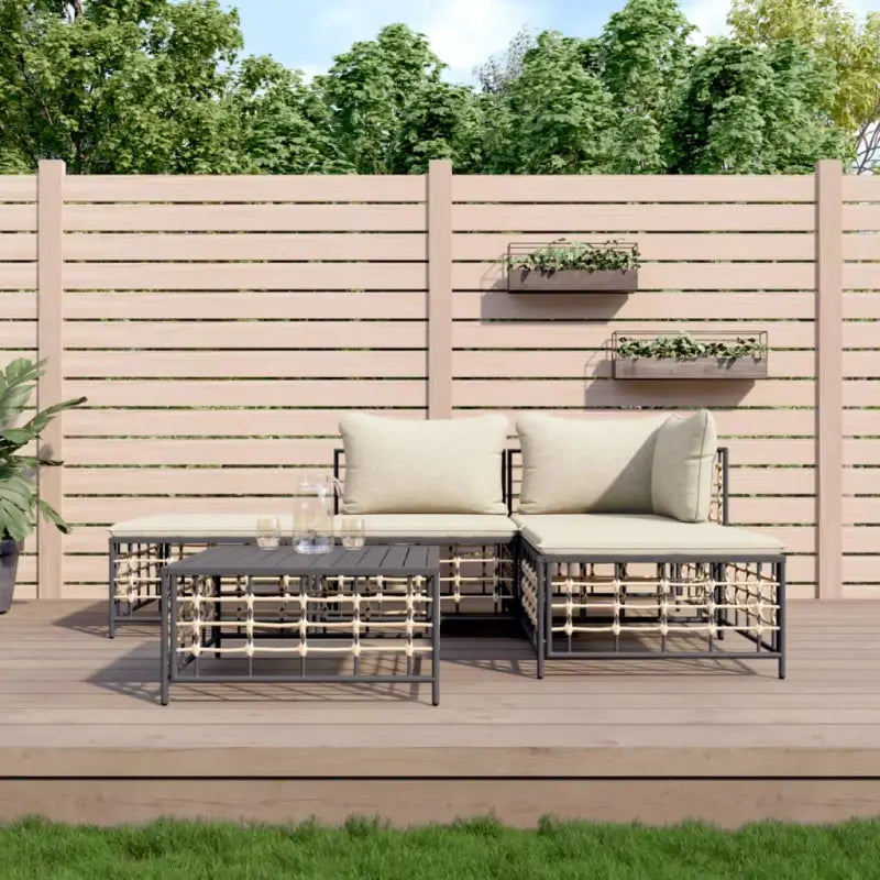 Loungebanken in poly rattan met antraciet materiaal en gepoedercoat staal - 1 / Beige / hoek + midden + 2x voetensteun