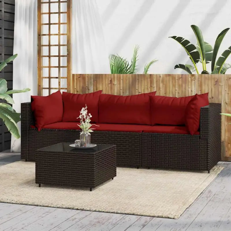 Loungebanken met poly rattan en eenvoudig schoon design - Bruin en rood / 1 / 2x hoek + midden + Tafel - Loungebanken