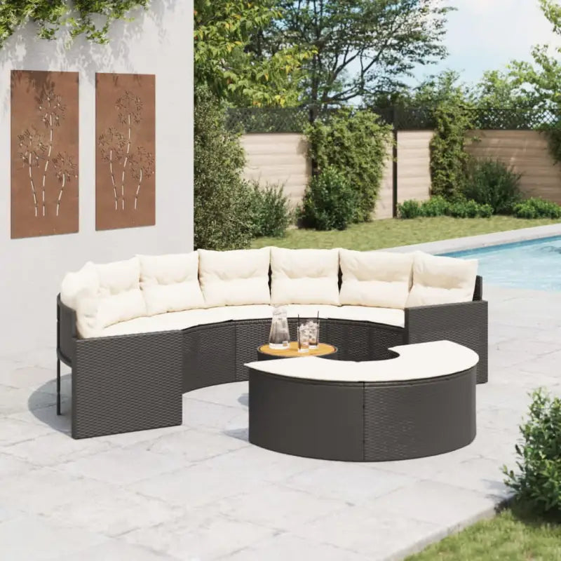 Loungebanken met poly rattan en gepoedercoat staal totale afmetingen - Zwart / 1 / met houten tafel - Loungebanken