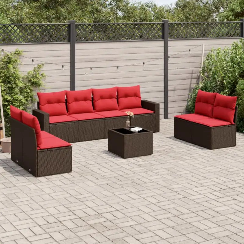 Loungebanken van bruin materiaal en gepoedercoat staal voor buiten - Bruin en rood / Met tafel - Tuinsets