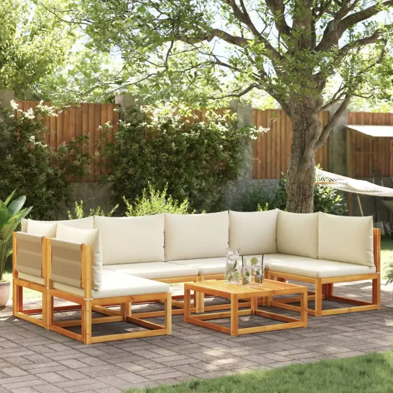 Loungebanken van massief acaciahout met comfortabele zit- en rugkussens - Crème / 1 / 2x hoek + 4x midden + Tafel