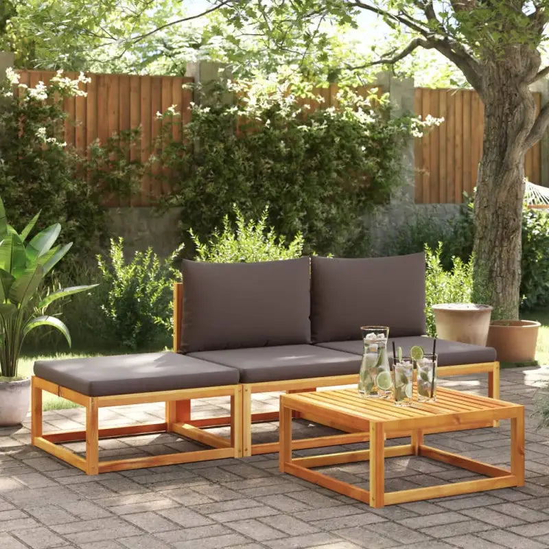Loungebanken van massief acaciahout met comfortabele zit- en rugkussens - Grijs / 1 / 2x midden + voetensteun + Tafel
