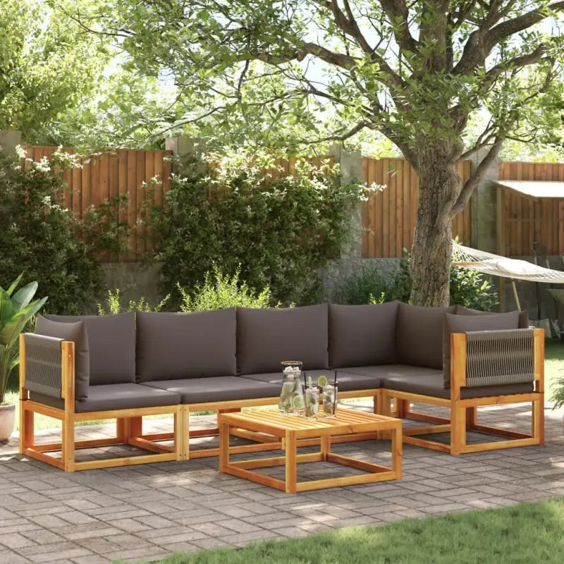 Loungebanken van massief acaciahout met comfortabele zit- en rugkussens - Grijs / 1 / 2x midden + 3x hoek + Tafel