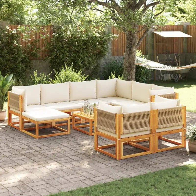 Loungebanken van massief acaciahout met comfortabele zit- en rugkussens - Crème / 1 / 5x hoek + 3x midden + voetensteun