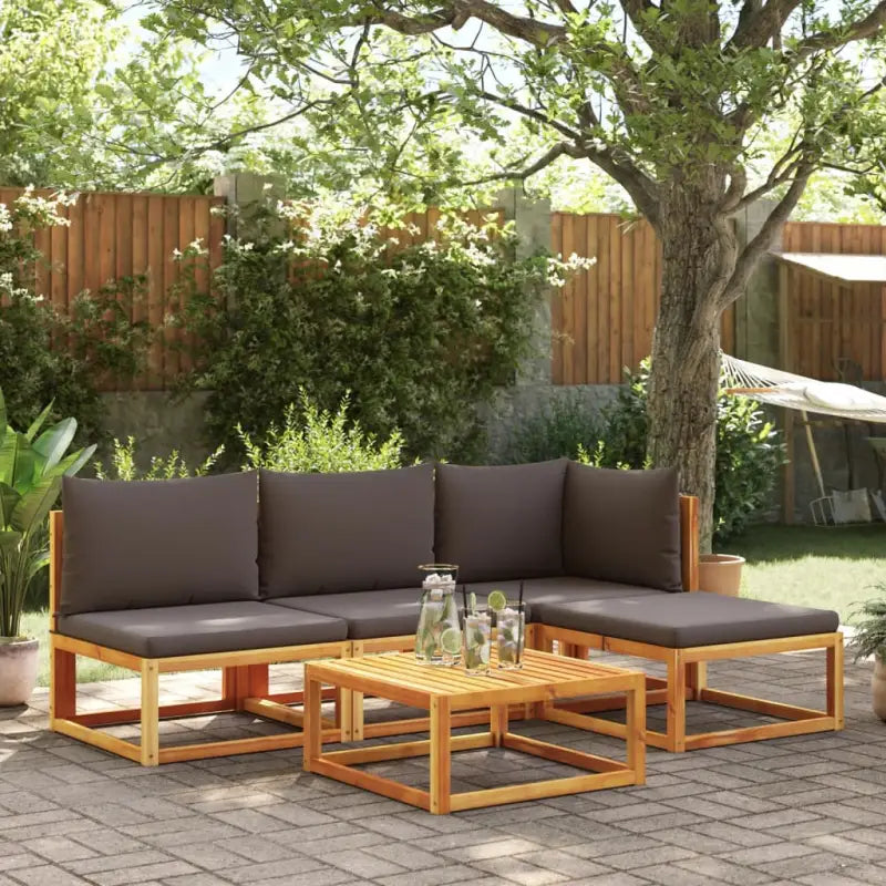 Loungebanken van massief acaciahout met comfortabele zit- en rugkussens - Grijs / 1 / hoek + 2x midden + voetensteun