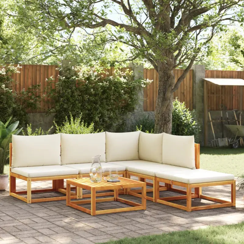 Loungebanken van massief acaciahout met comfortabele zit- en rugkussens - Crème / 1 / hoek + 3x midden + voetensteun