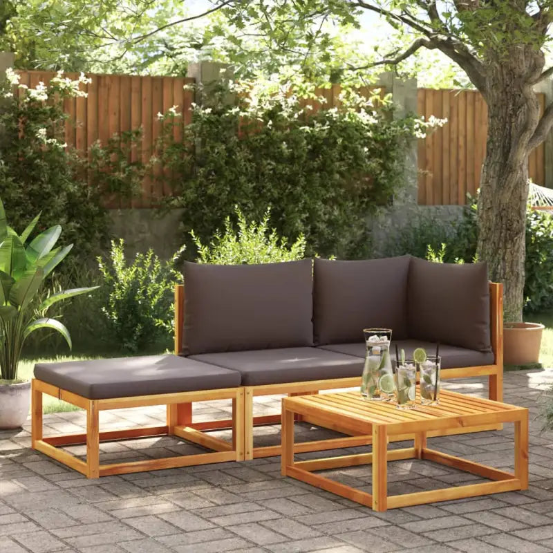 Loungebanken van massief acaciahout met comfortabele zit- en rugkussens - Grijs / 1 / hoek + midden + voetensteun