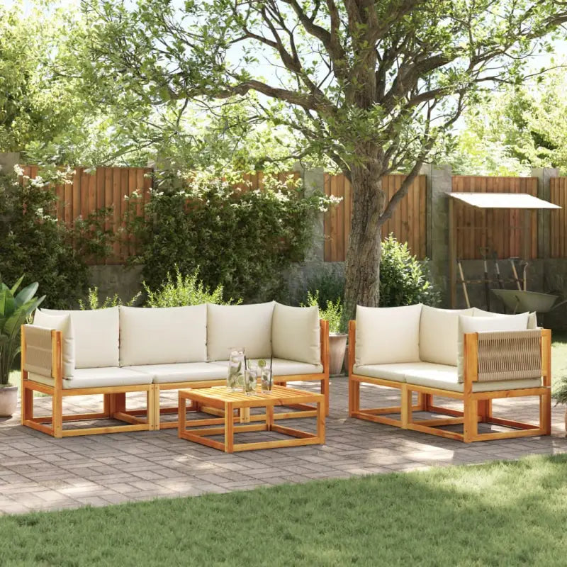 Loungebanken van massief acaciahout met comfortabele zit- en rugkussens - Crème / 1 / 4x hoek + midden + Tafel