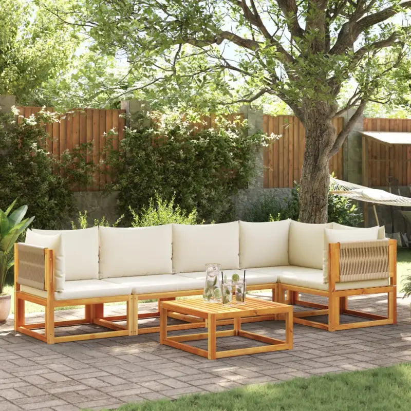 Loungebanken van massief acaciahout met comfortabele zit- en rugkussens - Crème / 1 / 2x midden + 3x hoek + Tafel