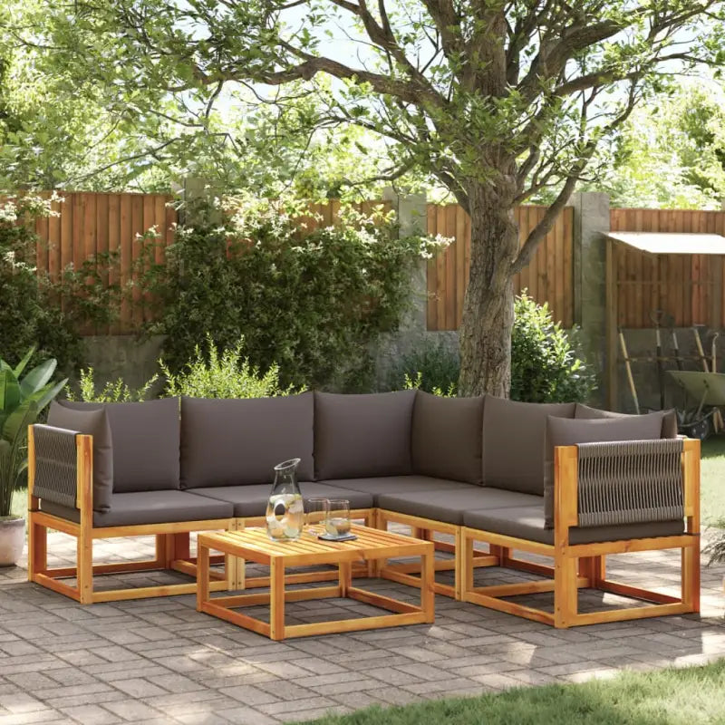 Loungebanken van massief acaciahout met comfortabele zit- en rugkussens - Grijs / 1 / 3x hoek + 2x midden + Tafel