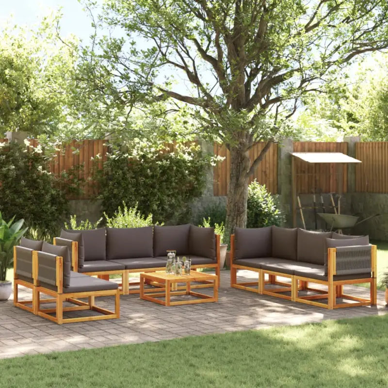 Loungebanken van massief acaciahout met comfortabele zit- en rugkussens - Grijs / 1 / 4x hoek + 4x midden + Tafel