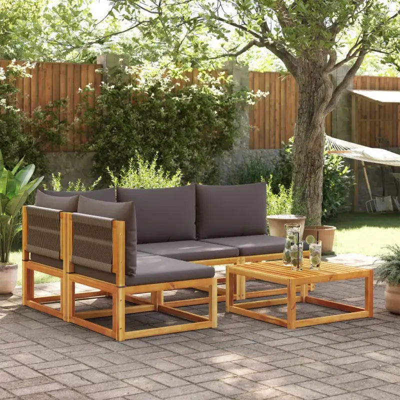 Loungebanken van massief acaciahout met comfortabele zit- en rugkussens - Grijs / 1 / hoek + 3x midden + Tafel