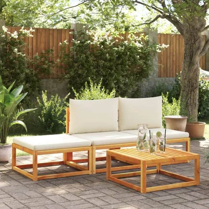 Loungebanken van massief acaciahout met comfortabele zit- en rugkussens - Crème / 1 / 2x midden + voetensteun + Tafel