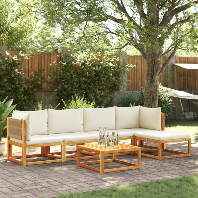 Loungebanken van massief acaciahout met comfortabele zit- en rugkussens - Crème / 1 / 2x hoek + 2x midden + voetensteun