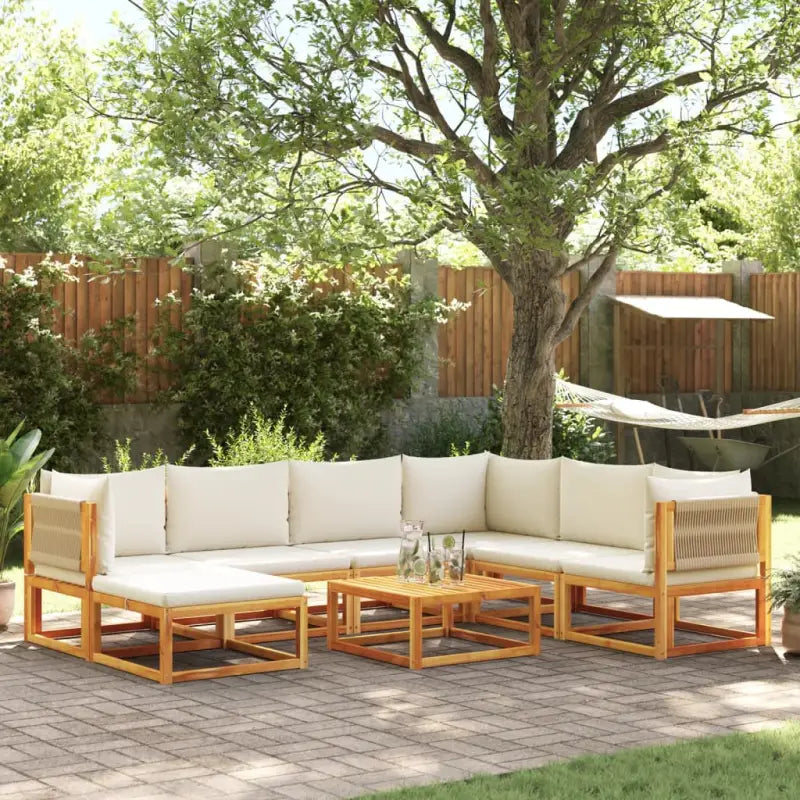 Loungebanken van massief acaciahout met comfortabele zit- en rugkussens - Crème / 1 / 3x hoek + 3x midden + voetensteun