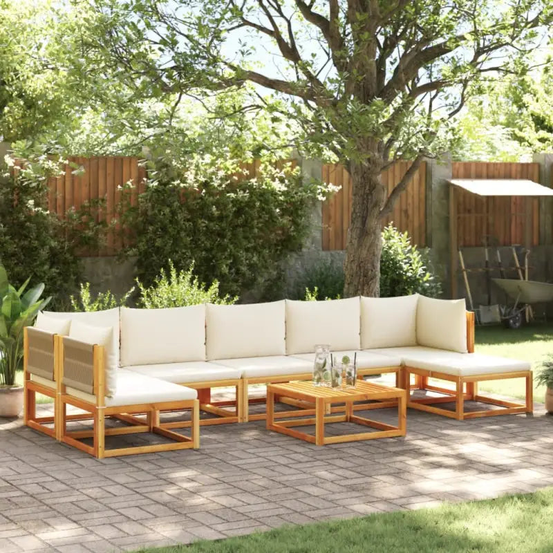 Loungebanken van massief acaciahout met comfortabele zit- en rugkussens - Crème / 1 / 2x hoek + 4x midden + voetensteun