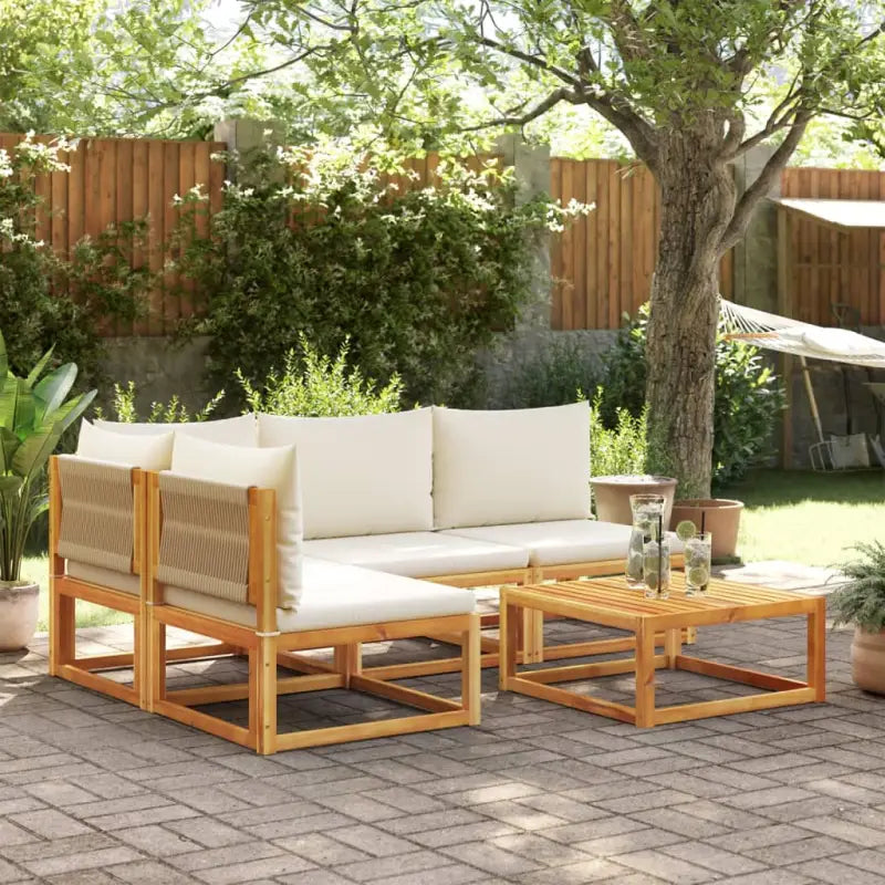 Loungebanken van massief acaciahout met comfortabele zit- en rugkussens - Crème / 1 / hoek + 3x midden + Tafel