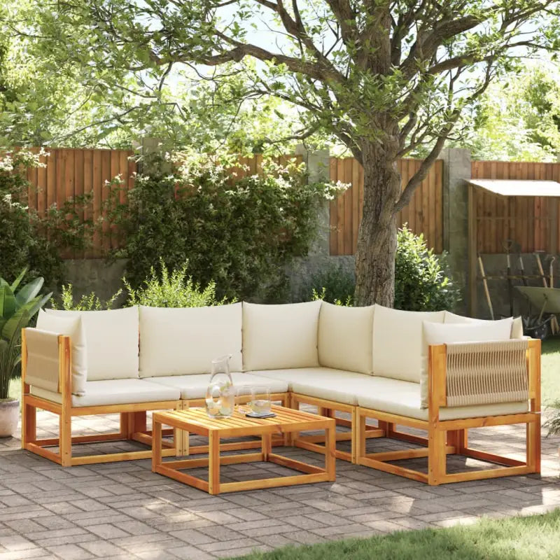 Loungebanken van massief acaciahout met comfortabele zit- en rugkussens - Crème / 1 / 3x hoek + 2x midden + Tafel