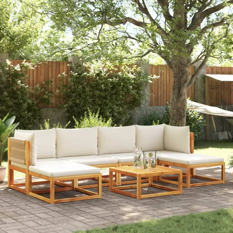 Loungebanken van massief acaciahout met comfortabele zit- en rugkussens - Crème / 1 / 2x hoek + 2x midden + 2x