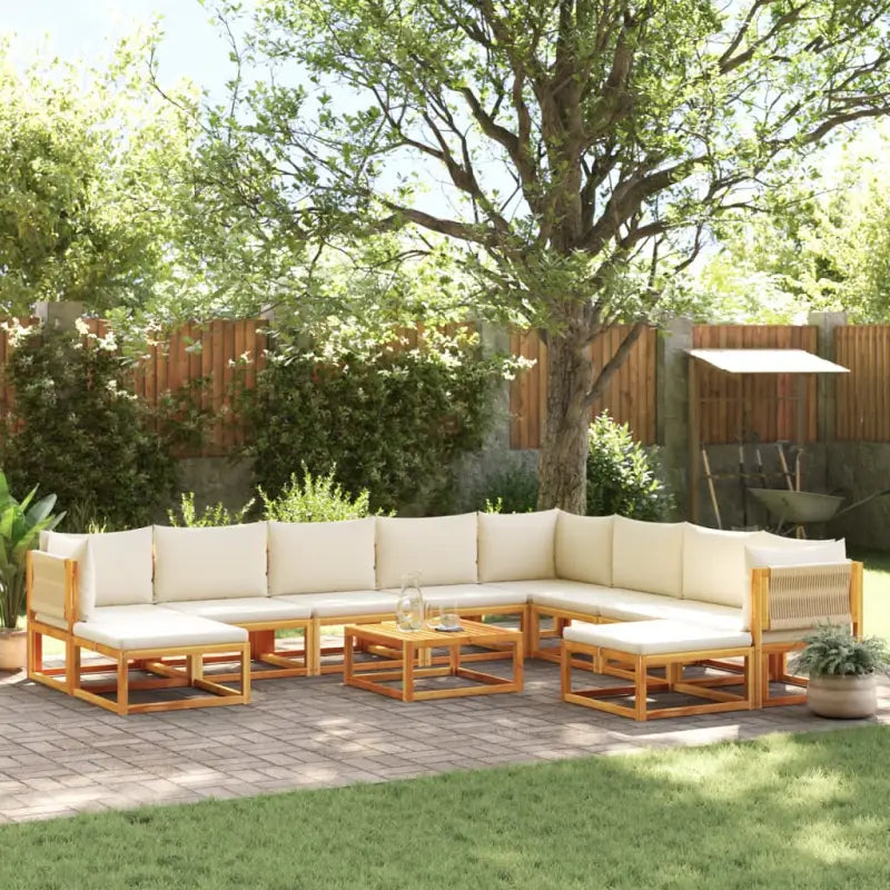 Loungebanken van massief acaciahout met comfortabele zit- en rugkussens - Crème / 1 / 3x hoek + 5x midden + 2x