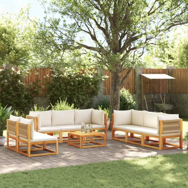Loungebanken van massief acaciahout met comfortabele zit- en rugkussens - Crème / 1 / 4x hoek + 4x midden + Tafel
