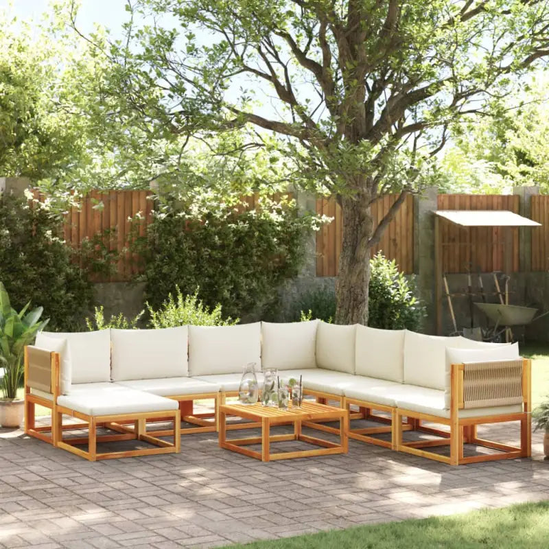 Loungebanken van massief acaciahout met comfortabele zit- en rugkussens - Crème / 1 / 3x hoek + 4x midden + voetensteun