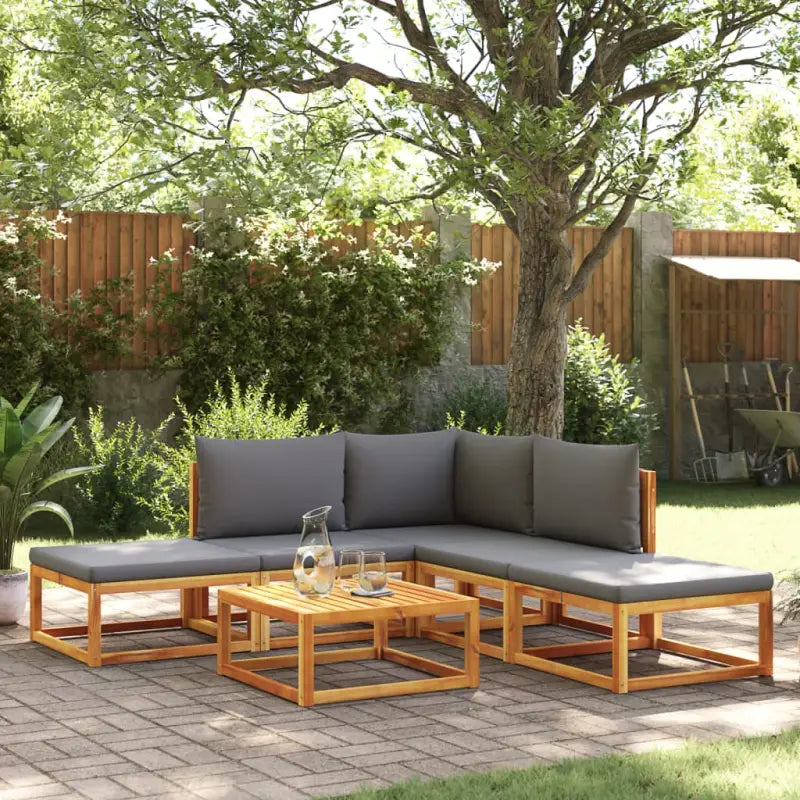 Loungebanken van massief acaciahout met comfortabele zit- en rugkussens - Grijs / 1 / hoek + 2x midden + 2x voetensteun