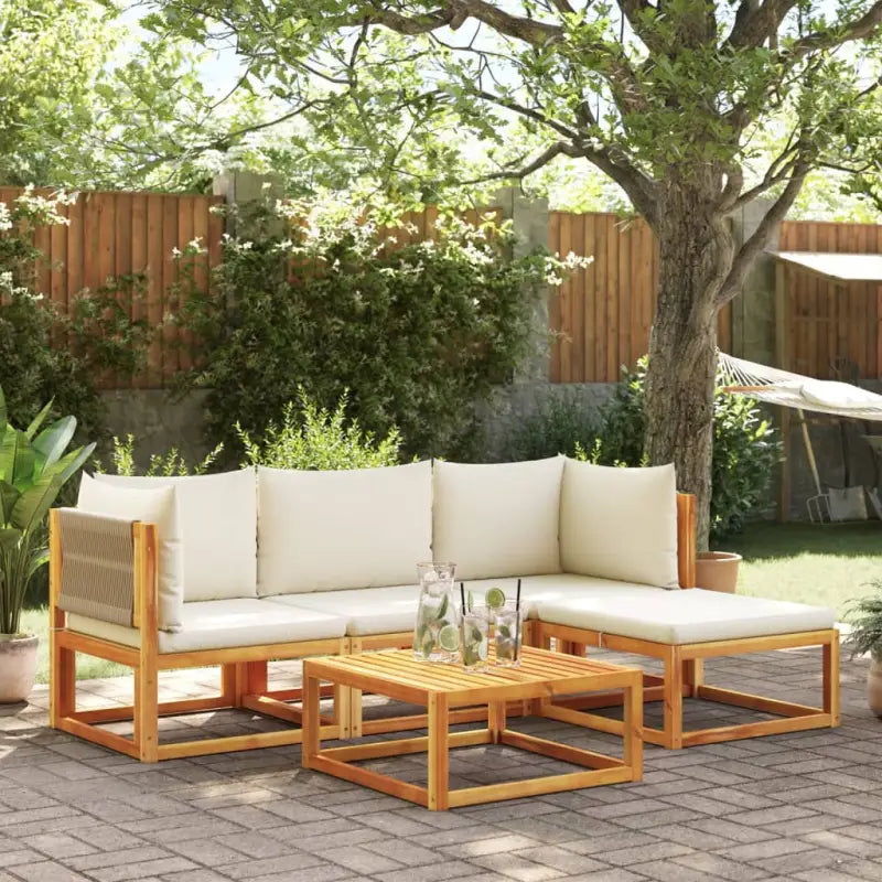 Loungebanken van massief acaciahout met comfortabele zit- en rugkussens - Crème / 1 / 2x hoek + midden + voetensteun