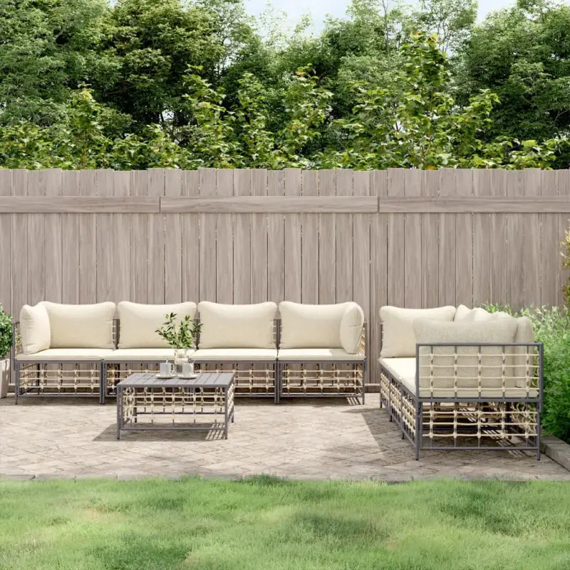 Loungebanken van poly rattan in antraciet materiaal met textileen afmetingen - 1 / Beige / 4x hoek + 3x midden + Tafel