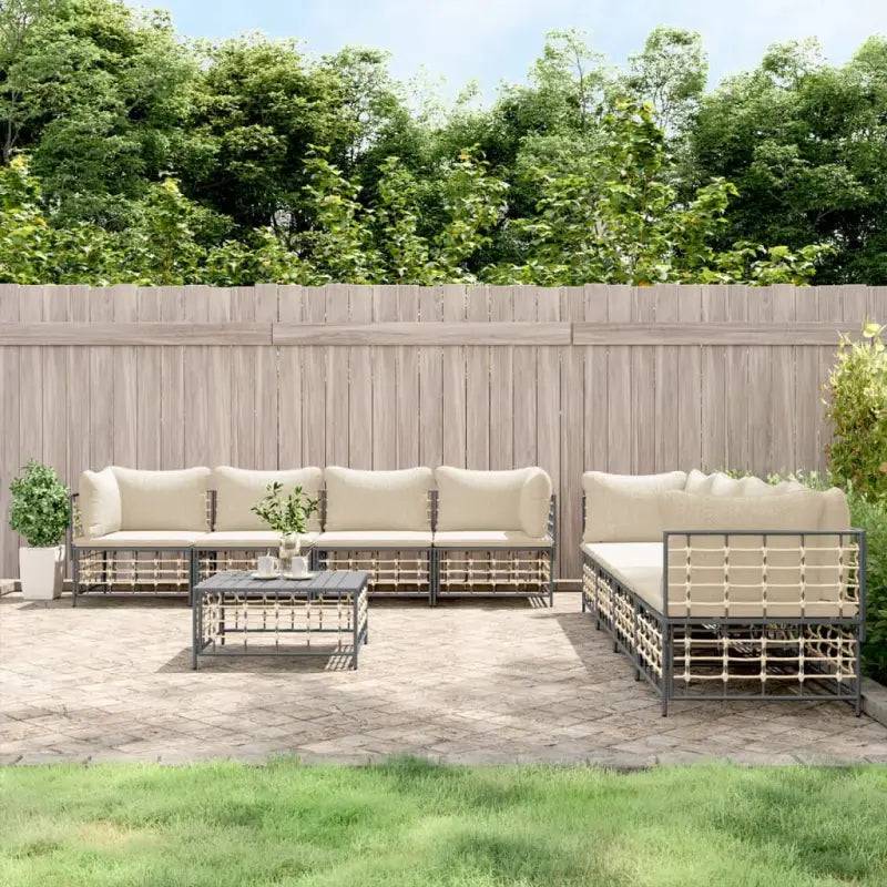 Loungebanken van poly rattan in antraciet materiaal met textileen afmetingen - 1 / Beige / 4x hoek + 4x midden + Tafel