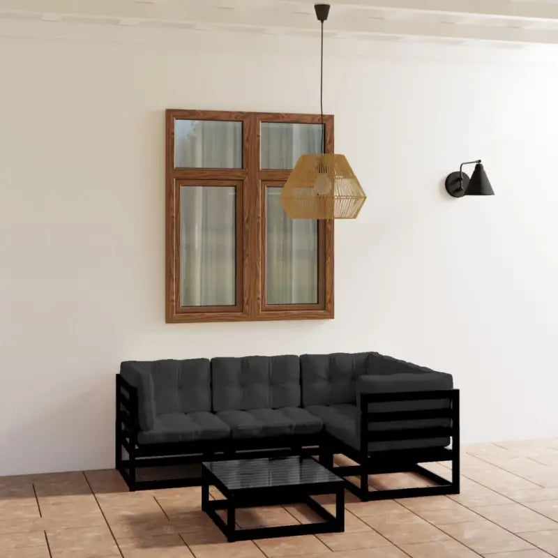 Loungebankset van massief grenenhout met rug- en zijkussen - Zwart / Ja - Tuinsets
