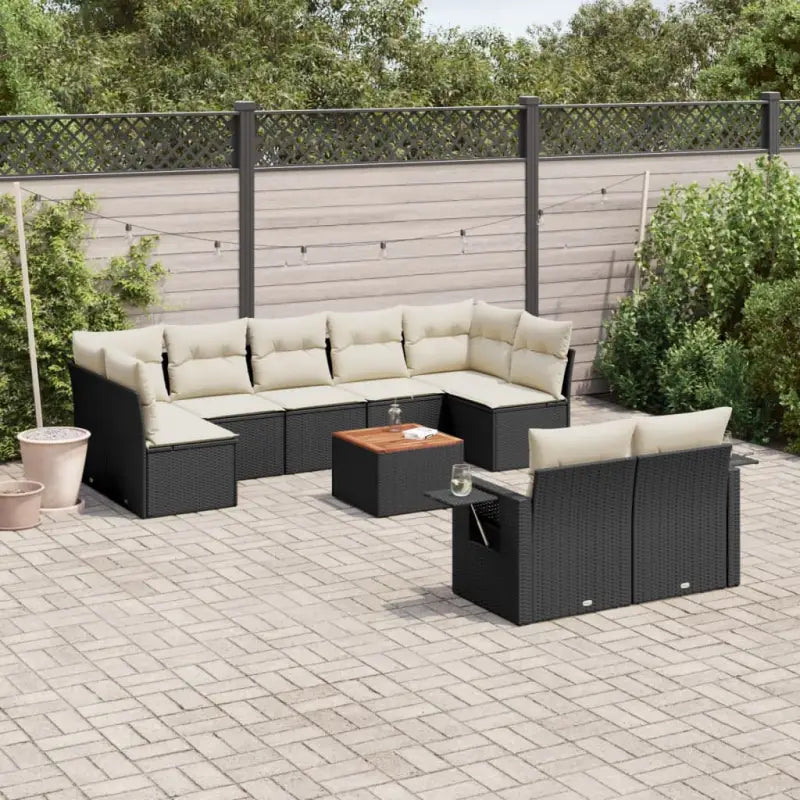 Loungeset in gemengd beige materiaal voor je tuin of terras - Zwart en crème / 2x corner + table + 5x middle - Tuinsets
