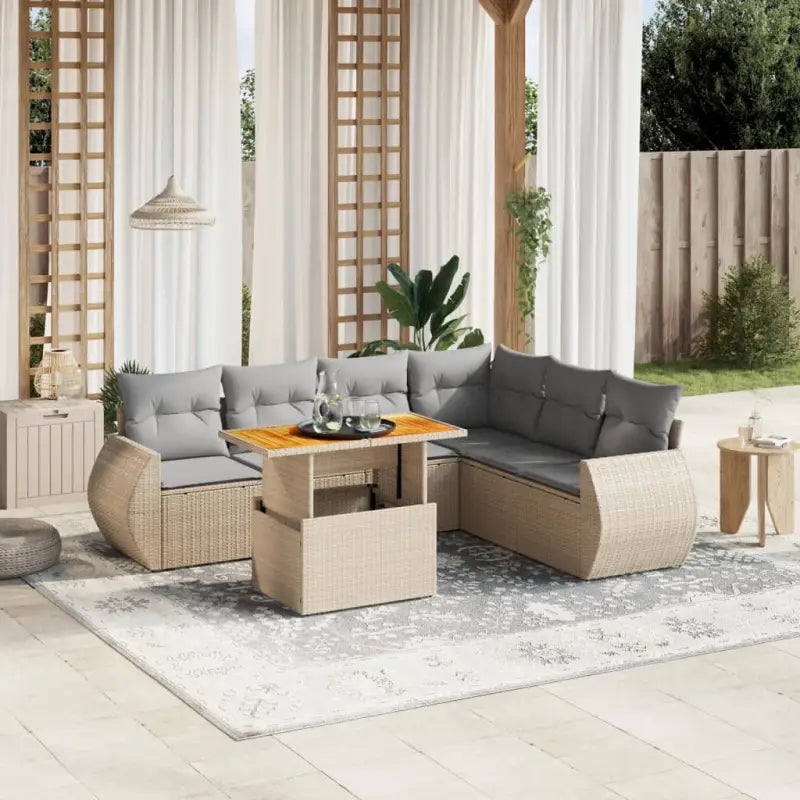 Loungeset in grijs materiaal met gepoedercoat staal afmetingen - beige en lichtgrijs / 3x hoek + 3x midden + Tafel