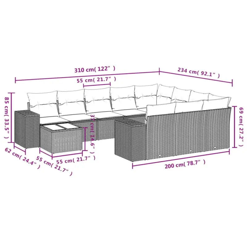 Loungeset in grijs materiaal met gepoedercoat staal en afmetingen - Tuinsets